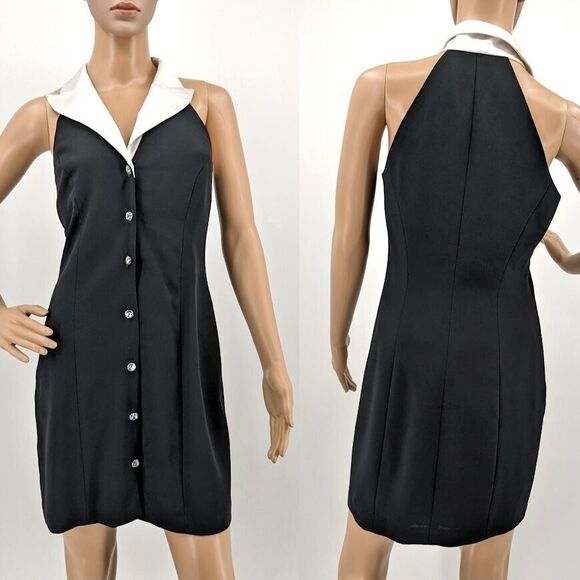 Vintage 90s Shelli Segal Tuexdo Halter Dress Mini Rhinestone Button Front Vest 4 - Picture 2 of 9